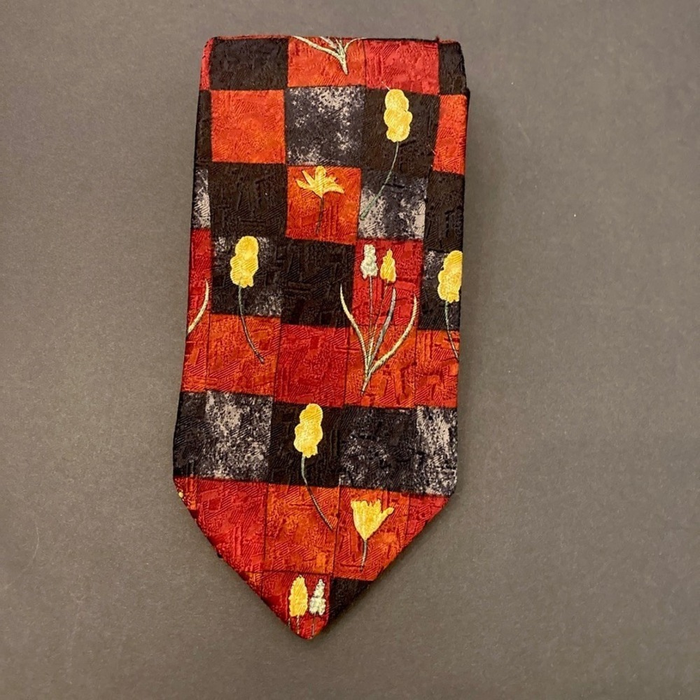 Vtg Ermenegildo Zegna 100% Silk Tie Red Black Yellow Floral Geometric Designer